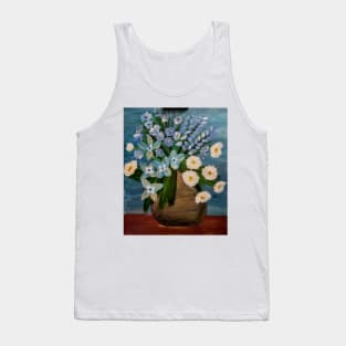 Some white daisy's and blue Bell and carnations flowers in a gold vase Tank Top